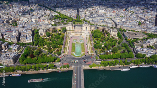 Aerial view of Trocadero gardens from Eiffel tower with beautiful scattered clouds, Paris, France © aerial-drone