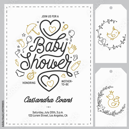 Baby shower invitation templates set. Hand drawn vintage illustration.