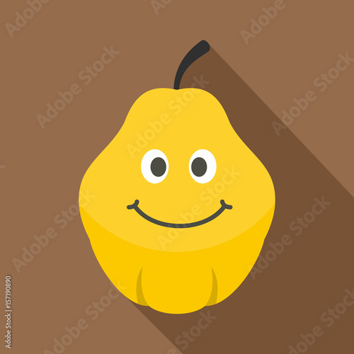 Yellow smiling quince fruit icon, flat style