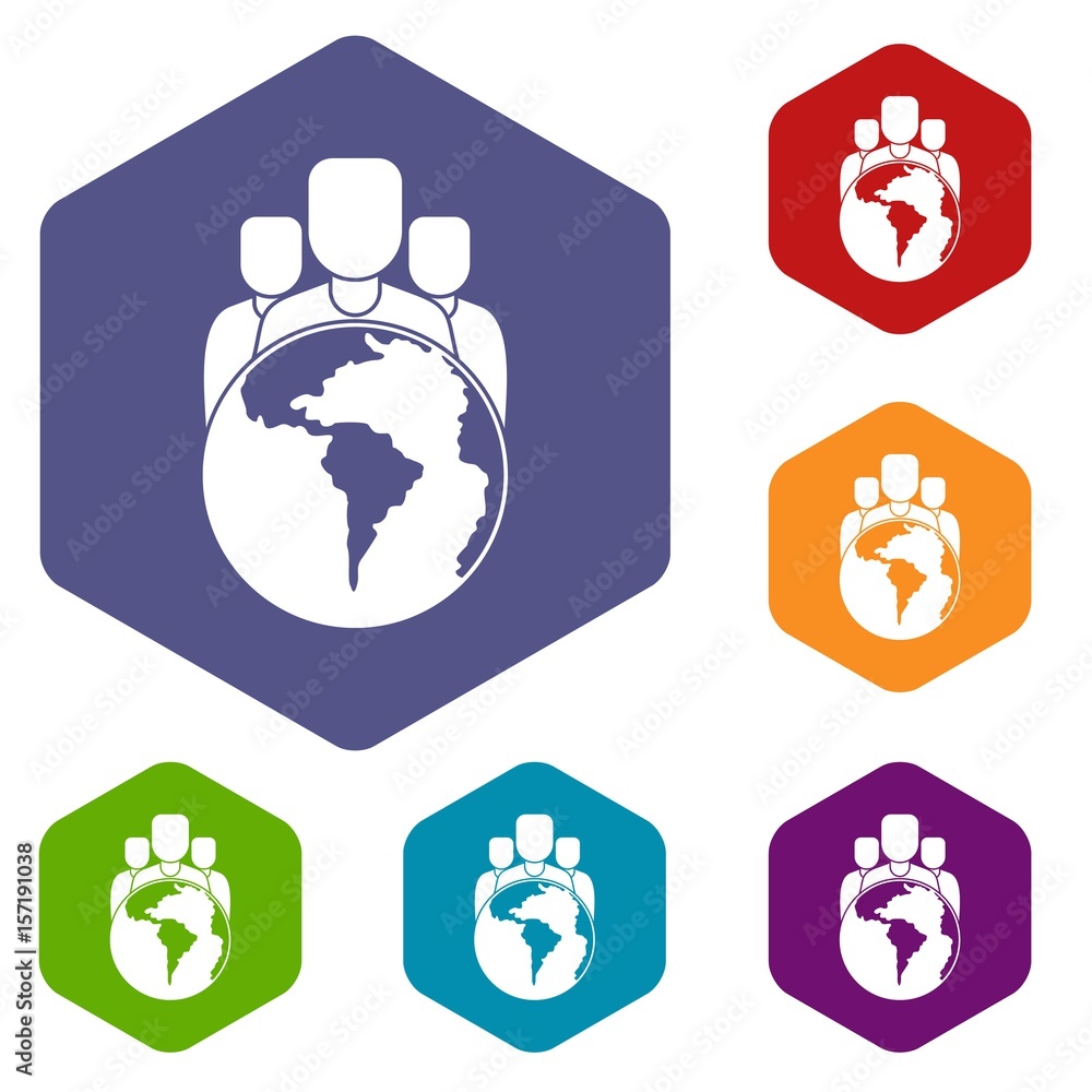 World planet and people icons set hexagon World planet and people icons set hexagon