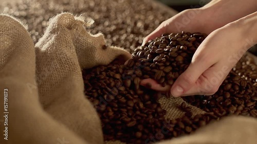 Hands scoop coffee beans in slow motion