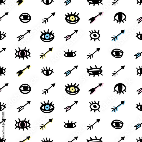 Hand drawn seamless pattern with eyes and arrows