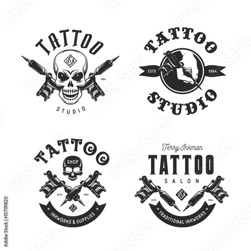 Tattoo studio emblems set. Vector vintage illustration.
