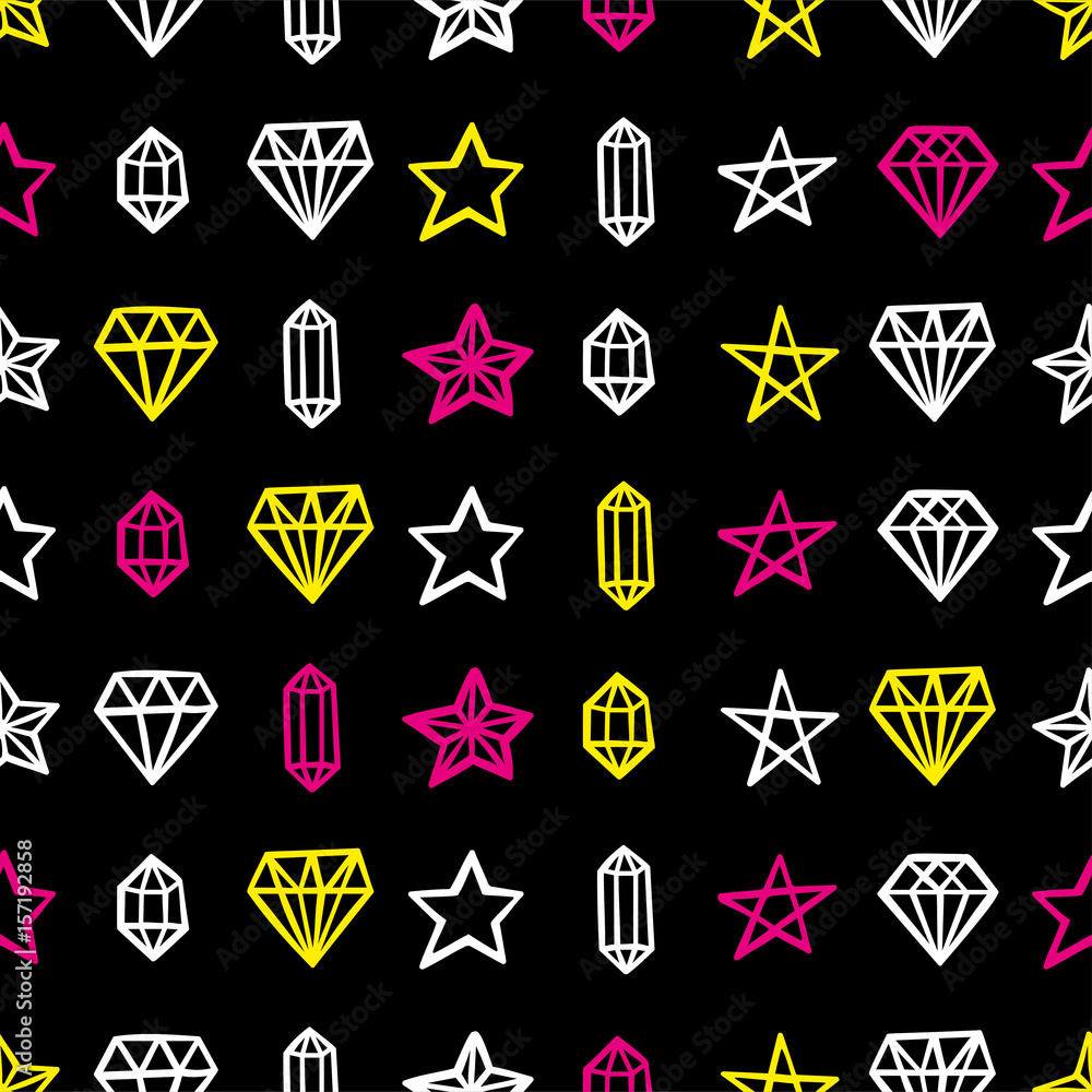 Hand drawn seamless pattern with diamonds and stars