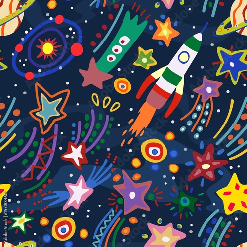 Seamless pattern with the image of the cosmos. Vector illustration.
