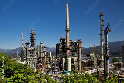 Oil refinery on a background of nature, Burrard Inlet and mountain view