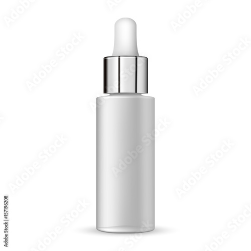 3d white realistic bottle dropper empty tube on white background vector illustration. Cosmetic flask or vial for organic aroma oil, anti-aging essential, collagen serum for beauty.
