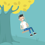 Young bearded man sitting on the swing / editable flat vector illustration