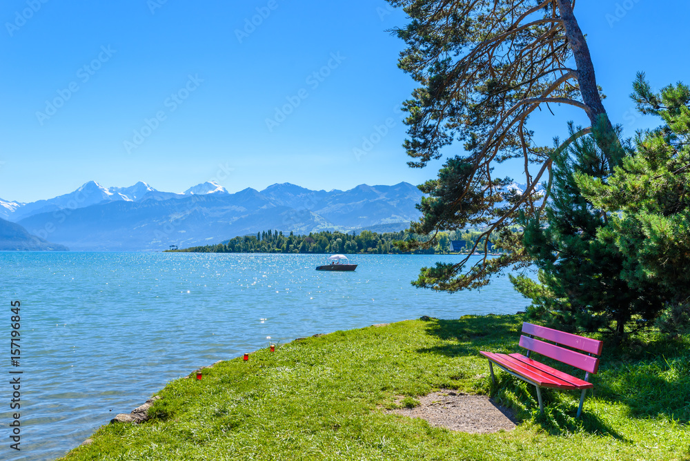 Thuner lake at Thun with beautiful panorama view to mountain scenery - Switzerland Thuner lake at Thun with beautiful panorama view to mountain scenery - Switzerland