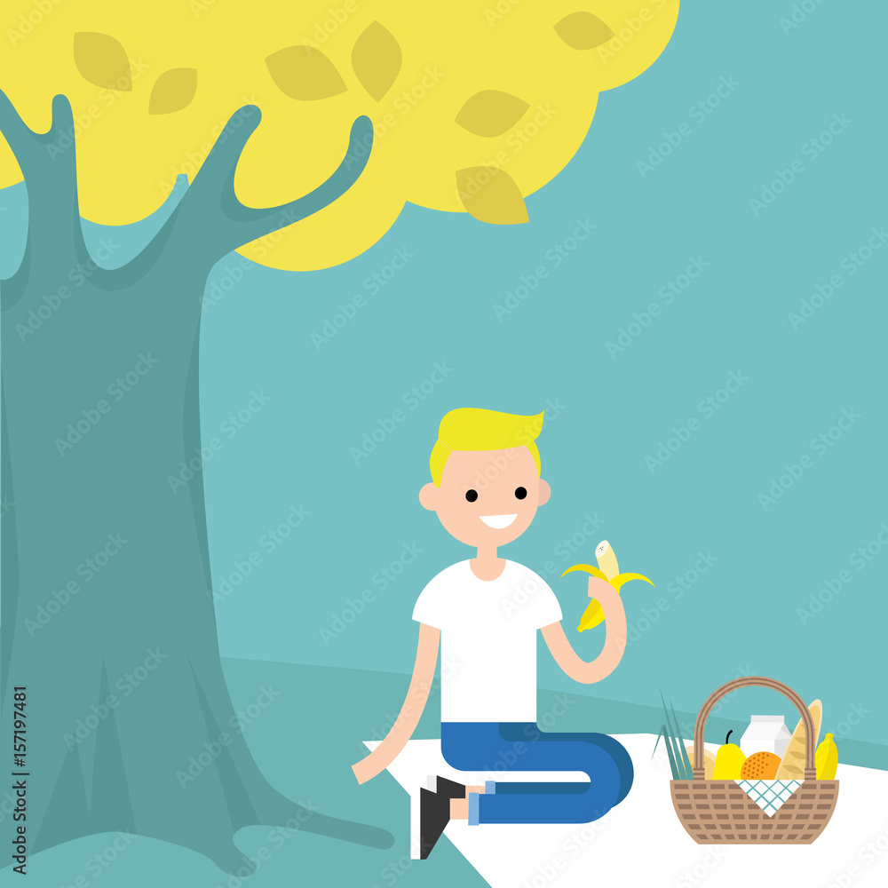 Young male character having a picnic under the tree / flat editable vector illustration, clip art Young male character having a picnic under the tree / flat editable vector illustration, clip art