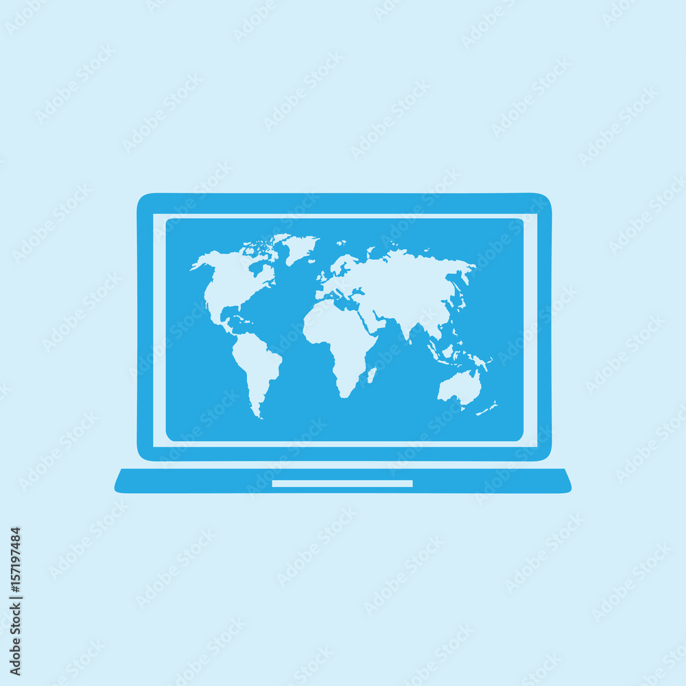 Laptop and world map illustration. World map geography symbol. Flat design style. Laptop and world map illustration. World map geography symbol. Flat design style.