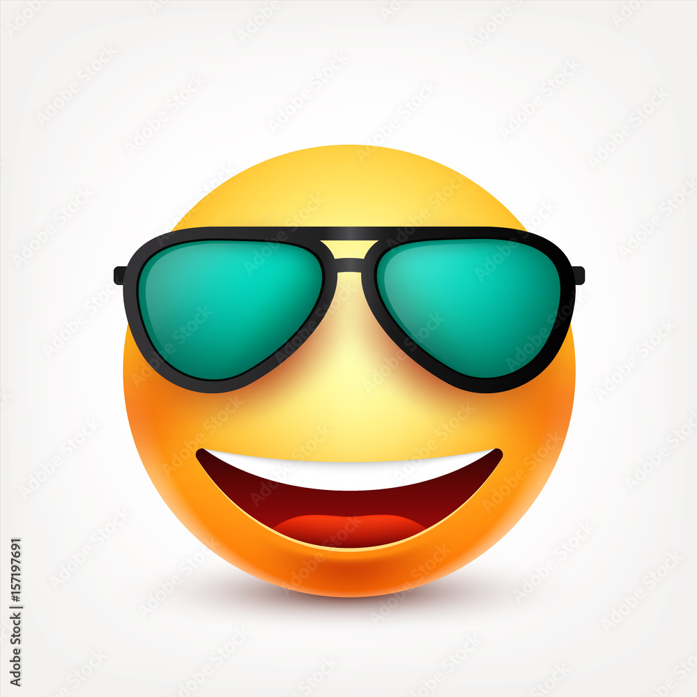 Smiley with glasses,smiling emoticon. Yellow face with emotions. Facial ...