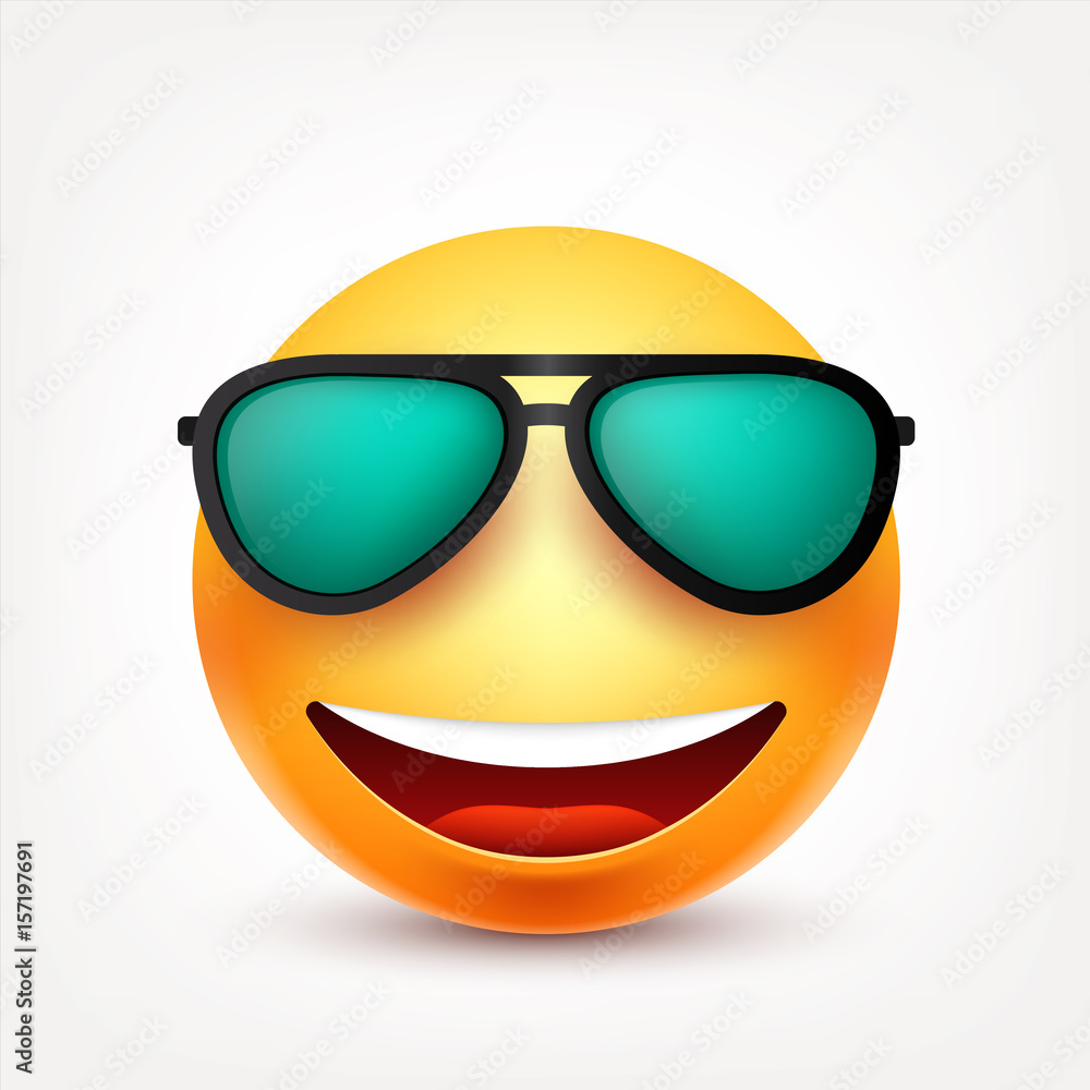 Smiley with glasses,smiling emoticon. Yellow face with emotions. Facial expression. 3d realistic emoji. Funny cartoon character.Mood. Web icon. Vector illustration. Smiley with glasses,smiling emoticon. Yellow face with emotions. Facial expression. 3d realistic emoji. Funny cartoon character.Mood. Web icon. Vector illustration.