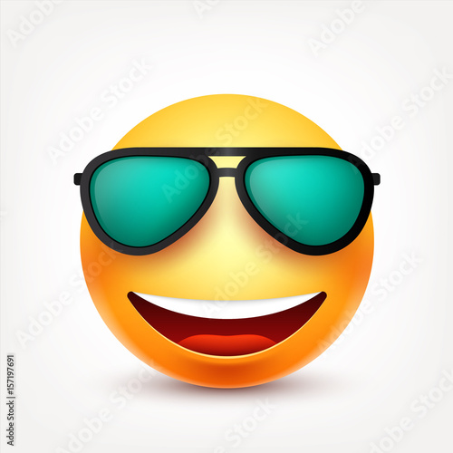 Smiley with glasses,smiling emoticon. Yellow face with emotions. Facial expression. 3d realistic emoji. Funny cartoon character.Mood. Web icon. Vector illustration.