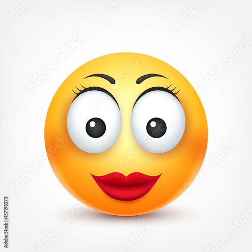 Smiley,smiling angry,sad,happy female emoticon. Yellow face with emotions. Facial expression. 3d realistic emoji. Funny cartoon character.Mood. Web icon. Vector illustration.