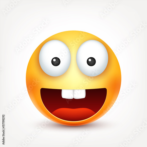 Smiley,smiling ,happy emoticon with teeth. Yellow face with emotions. Facial expression. 3d realistic emoji. Funny cartoon character.Mood. Web icon. Vector illustration.