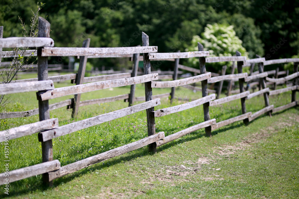 Old wooden rural corral fence in meadow