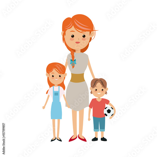 cartoon mother with two children  a boy and a girl vector illustration