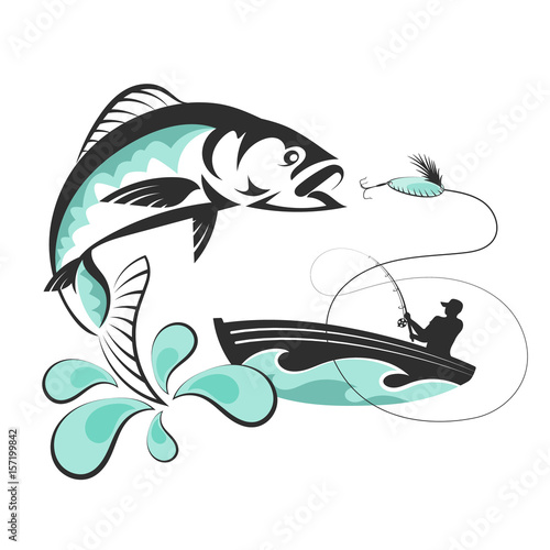 Fish and a fisherman in a boat