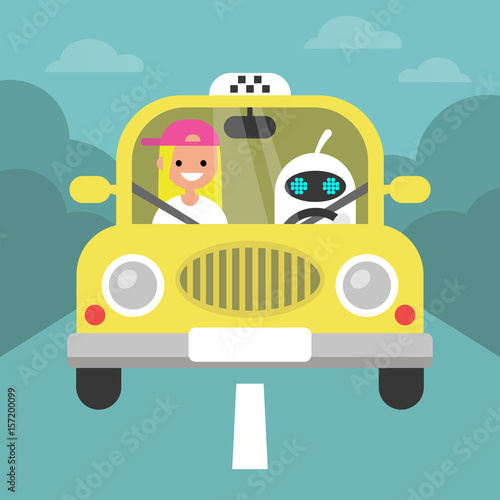 Driverless car conceptual illustration. Cute robot driving a taxi with a passenger on the front seat / flat editable vector illustration, clip art