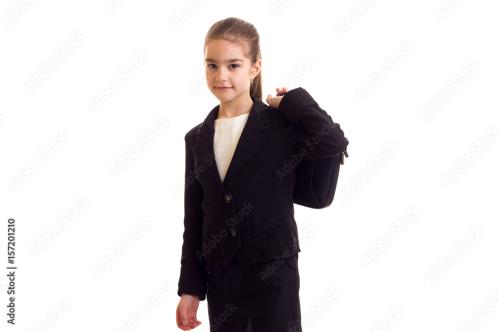Little girl in black jacket holding diplomat Little girl in black jacket holding diplomat