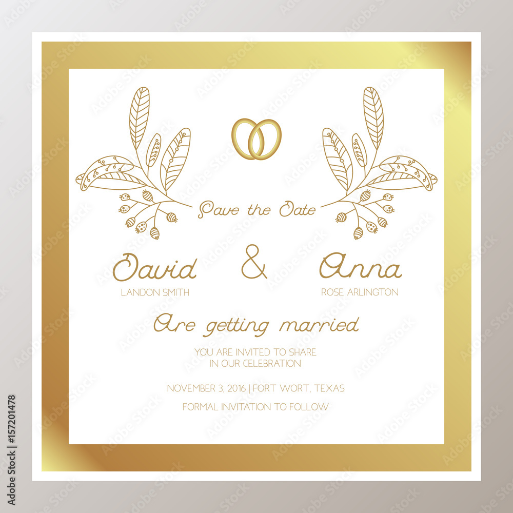 Romantic Wedding invitation with gold rings, twigs. Square shape. Suitable for bachelorette party, save this date, congratulations