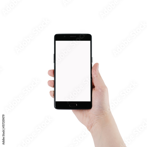 female teen hand holding smartphone with blank screen isolated on white background