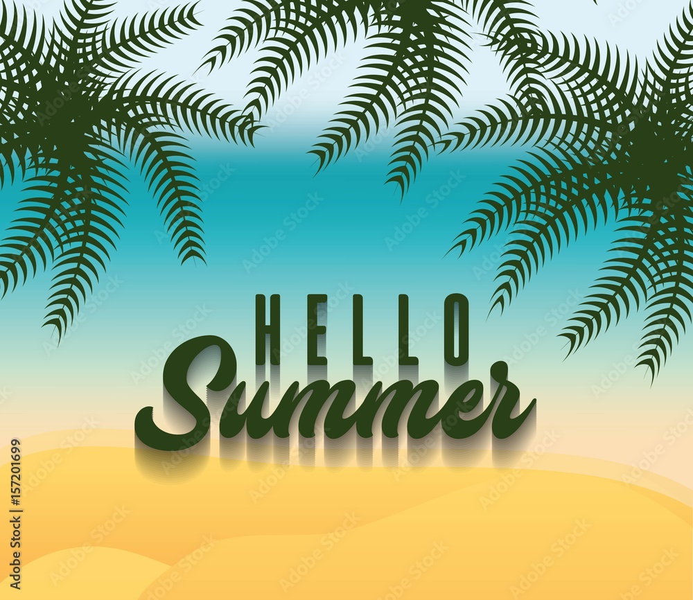 beach background with hello summer, phrase. colorful design. vector illustration