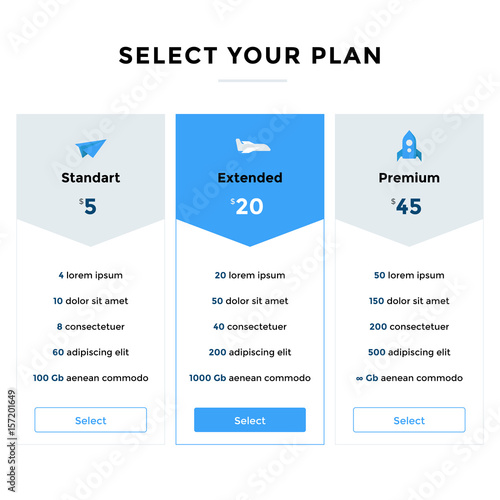 Web pricing table design with icons.Vector illustration.
