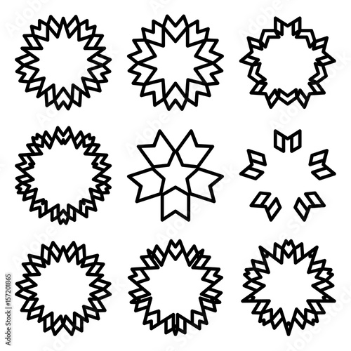 Sunbursts and borders set. Vector illustration.