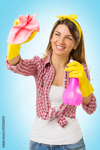 Attractive Woman Washing the Window with spray and rag