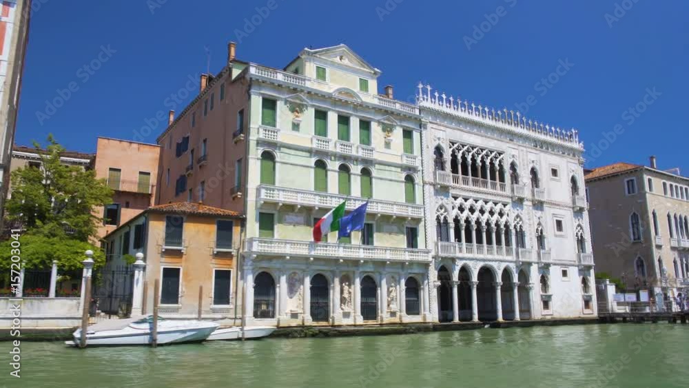 View of elegant Ca'd'Oro facade, boat tour down Grand Canal, Palazzo Santa Sofia View of elegant Ca'd'Oro facade, boat tour down Grand Canal, Palazzo Santa Sofia