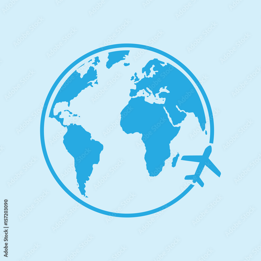 Naklejka premium Airplane icon travel. Trip round the world. Flat design style.