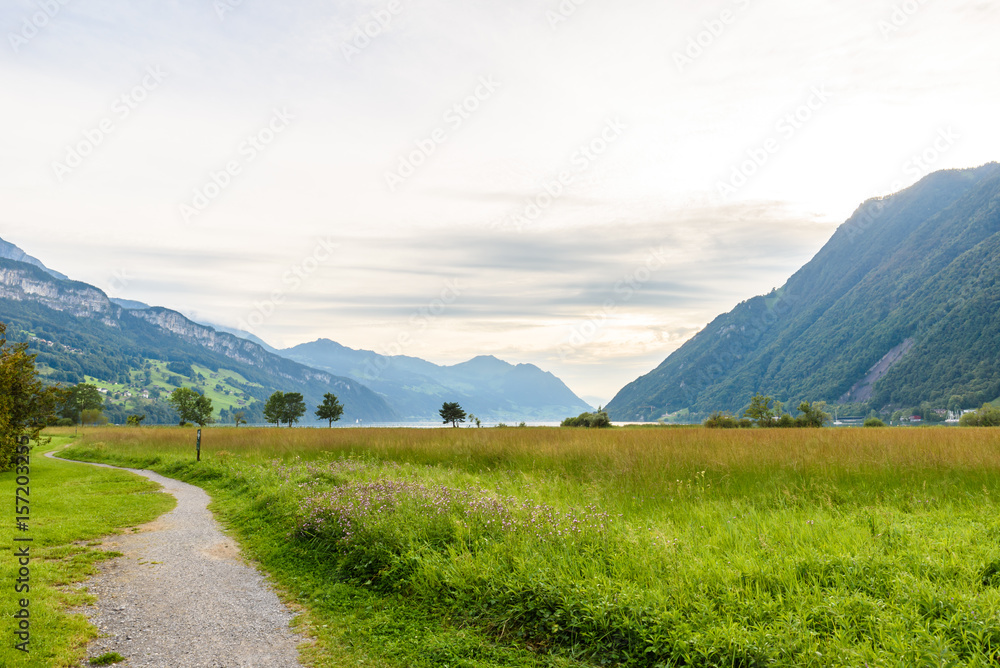 Thuner lake at Thun with beautiful panorama view to mountain scenery - Switzerland