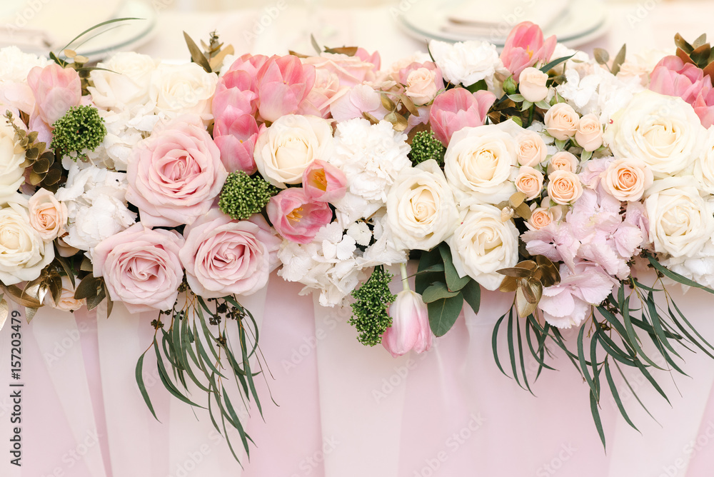 Wedding flower decor of roses and peonies, closeup