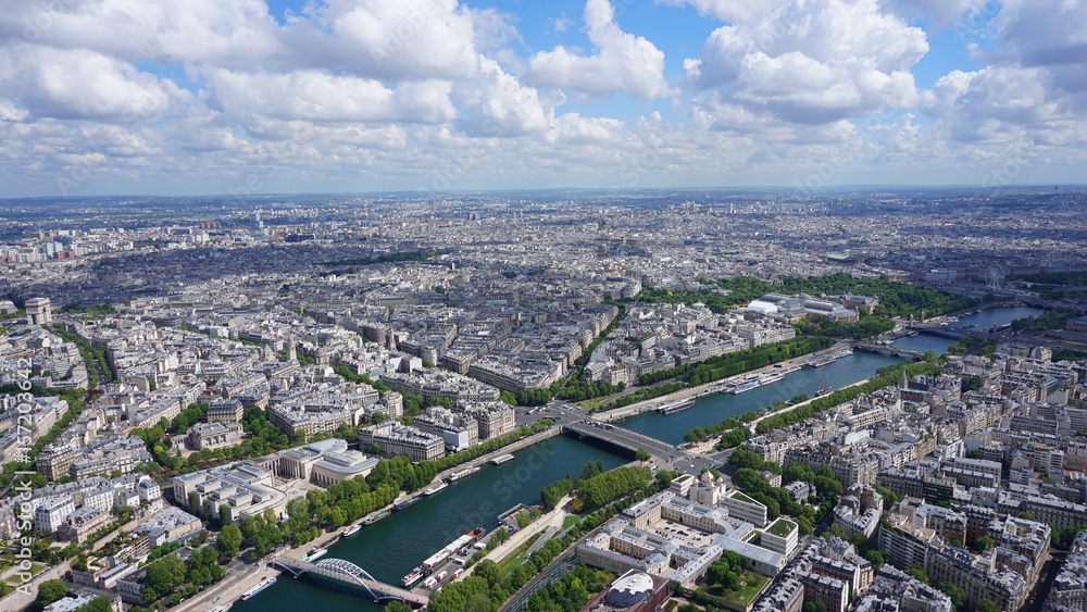 Aerial view of river Seine from Eiffel tower with beautiful scattered clouds, Paris, France