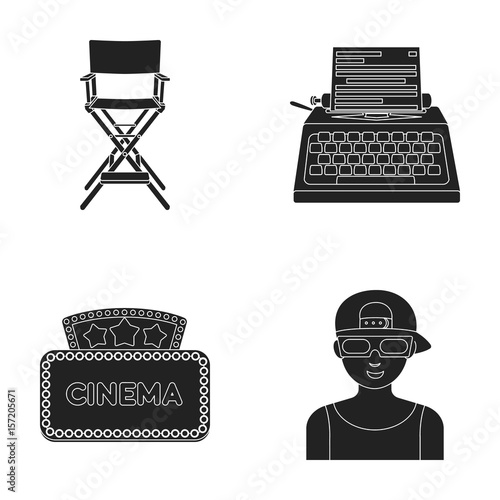 Chair of the director, typewriter, cinematographic signboard, film-man. Films and cinema set collection icons in black style vector symbol stock illustration web.