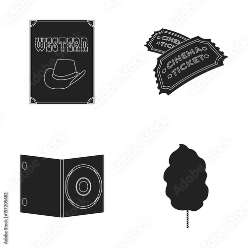 Western cinema, tickets, sweet cotton wool, film on DVD.Filmy and cinema set collection icons in black style vector symbol stock illustration web.