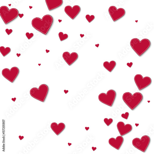 Red stitched paper hearts. Abstract scattered pattern on white background. Vector illustration.