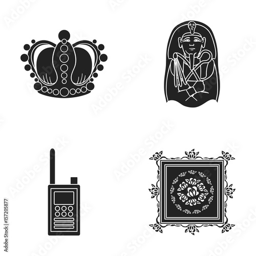 Crown, sarcophagus of the pharaoh, walkie-talkie, picture in the frame.Museum set collection icons in black style vector symbol stock illustration web.