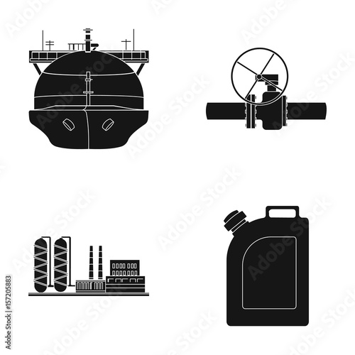 Tanker, pipe stop, oil refinery, canister with gasoline. Oil industry set collection icons in black style vector symbol stock illustration web.