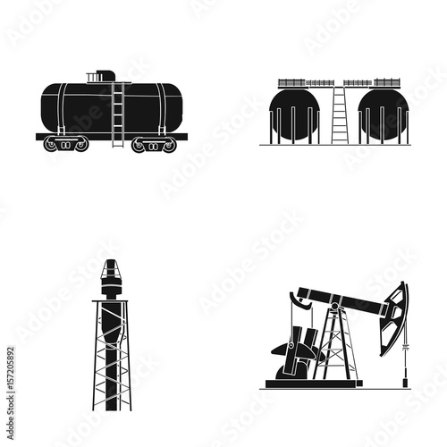 A railway tank, an oil storage, a drilling tower, an oil pump. Oil industry set collection icons in black style vector symbol stock illustration web.