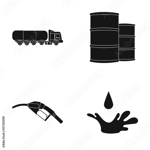 Truck with a cistern, barrels of fuel, a refueling gun, a drop of oil. Oil industry set collection icons in black style vector symbol stock illustration web.