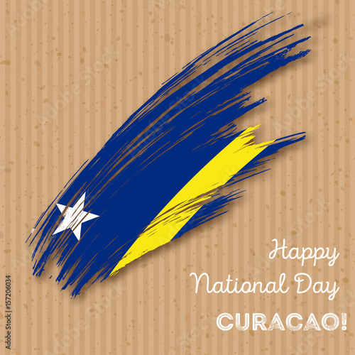 Curacao Independence Day Patriotic Design. Expressive Brush Stroke in National Flag Colors on kraft paper background. Happy Independence Day Curacao Vector Greeting Card.