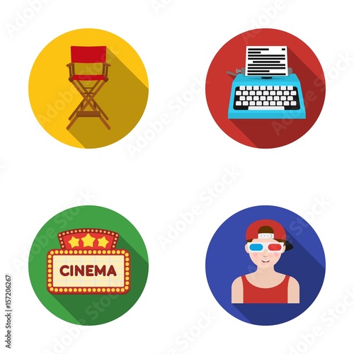 Chair of the director, typewriter, cinematographic signboard, film-man. Films and cinema set collection icons in flat style vector symbol stock illustration web.