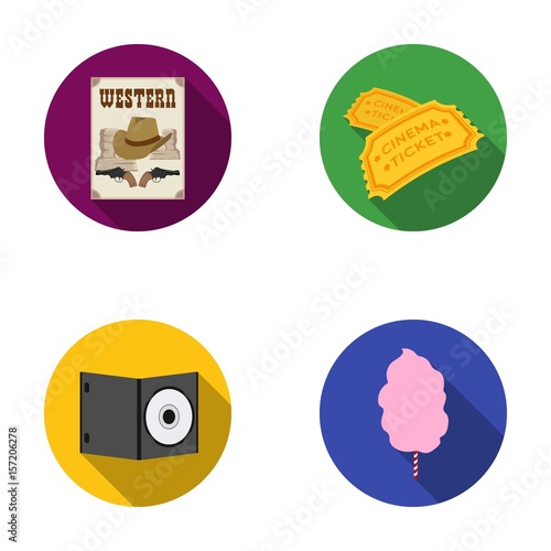 Western cinema, tickets, sweet cotton wool, film on DVD.Filmy and cinema set collection icons in flat style vector symbol stock illustration web.
