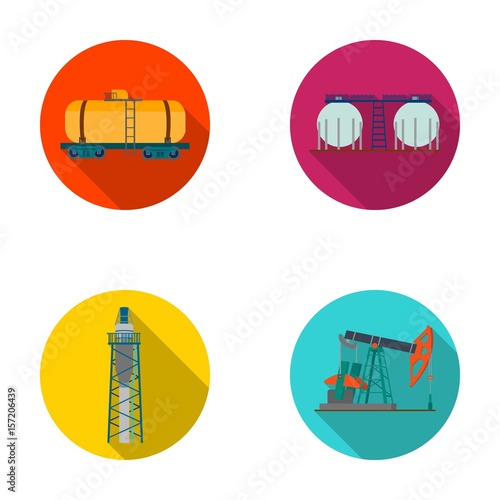 A railway tank, an oil storage, a drilling tower, an oil pump. Oil industry set collection icons in flat style vector symbol stock illustration web.