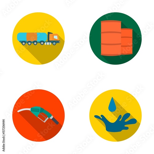 Truck with a cistern, barrels of fuel, a refueling gun, a drop of oil. Oil industry set collection icons in flat style vector symbol stock illustration web.