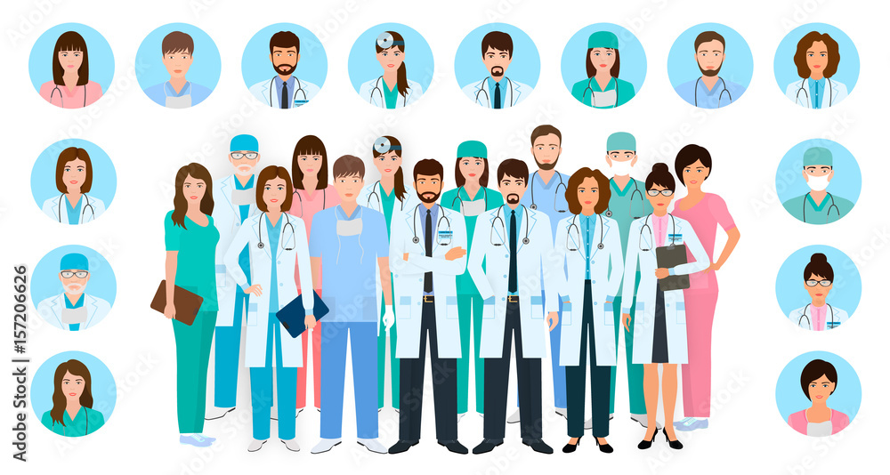 Group of doctors and nurses characters in different poses with vector profile avatars. Medical people. Hospital staff. Group of doctors and nurses characters in different poses with vector profile avatars. Medical people. Hospital staff.
