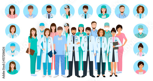 Group of doctors and nurses characters in different poses with vector profile avatars. Medical people. Hospital staff.